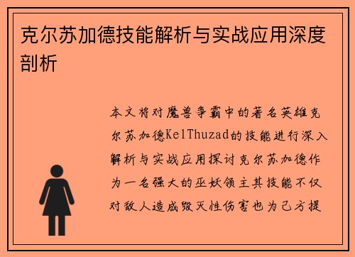 克尔苏加德技能解析与实战应用深度剖析